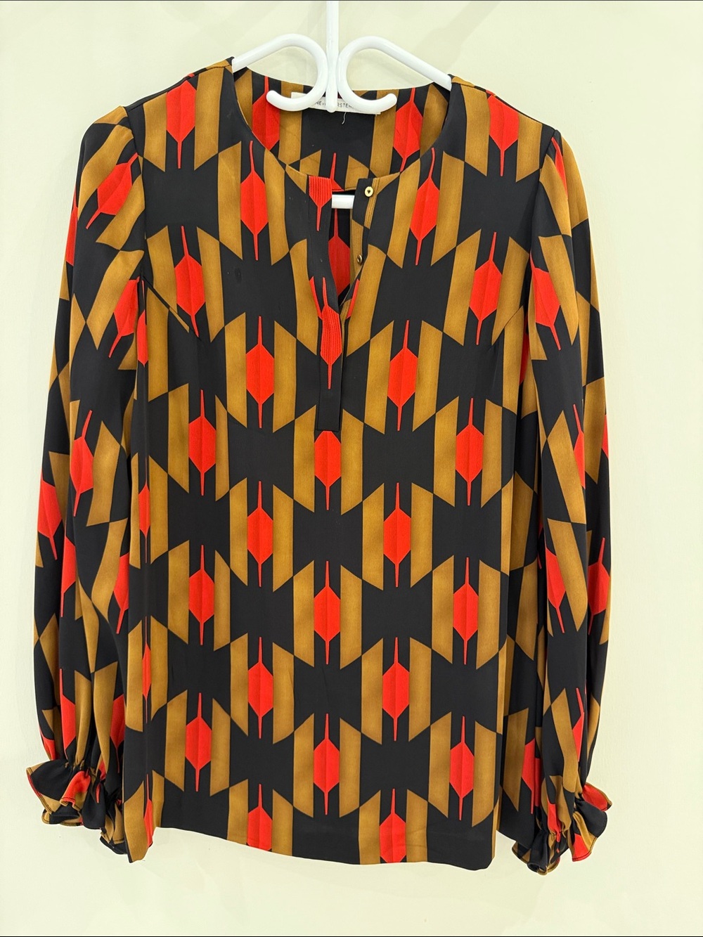 Diane Von Furstenberg Black, Red & Brown Geometric Print Blouse